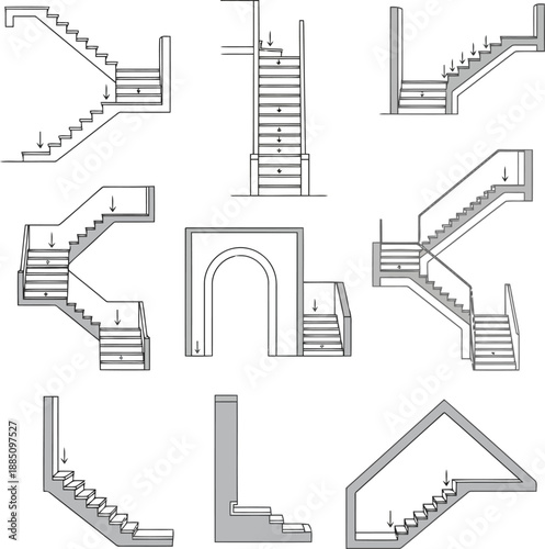 Architectural staircase designs blueprints plans for buildings construction projects vector