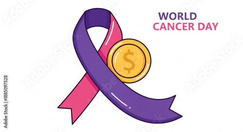 World cancer day awareness ribbon with dollar coin for fundraising and health campaign