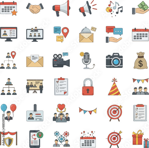 Business event planning marketing strategy social media finance and success icons set vector