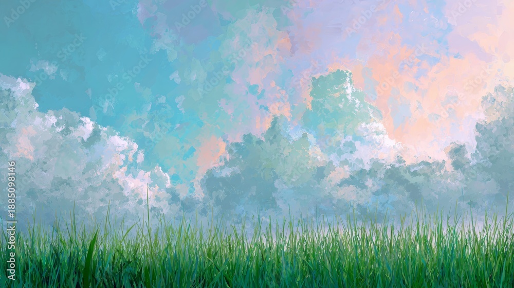 Fototapeta premium Garden scene with green grass and pastel sky