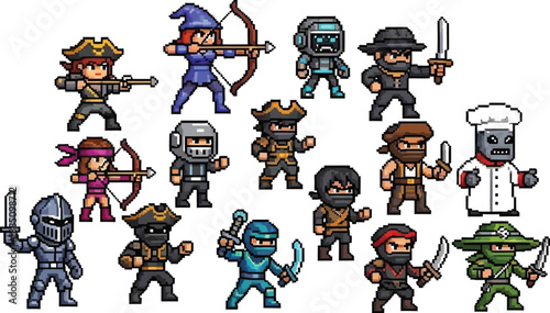 Collection of diverse pixel art game characters including pirates archers ninjas a knight a robot and a chef ready for action