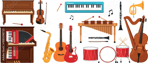 Musical instrument illustration set with piano guitar violin drums saxophone harp and keyboard for music education, concert design, and flat vector graphics