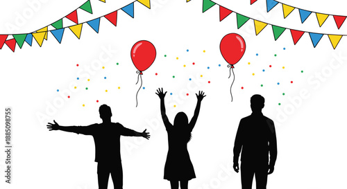 Celebration silhouette, festive party scene, balloons, confetti, pennant flags, joyful people, colorful decor, communal gathering, black and white illustration