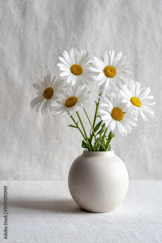 Wallpaper Mural A collection of white daisies with bright yellow centers displayed in a speckled, round ceramic vase. Torontodigital.ca