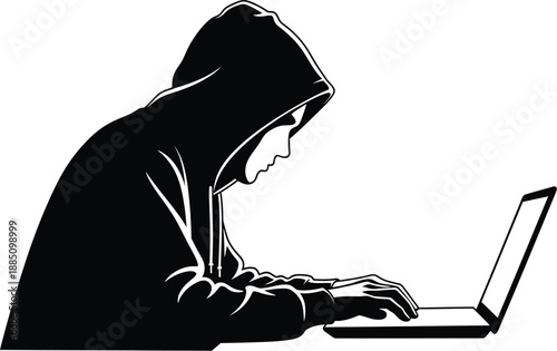 Silhouette of Hacker Typing on Laptop, Cybercrime and Security Concept