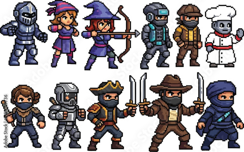 Collection of diverse pixel art character sprites featuring knights mages archers ninjas pirates explorers and a comical chef ready for retro gaming adventures