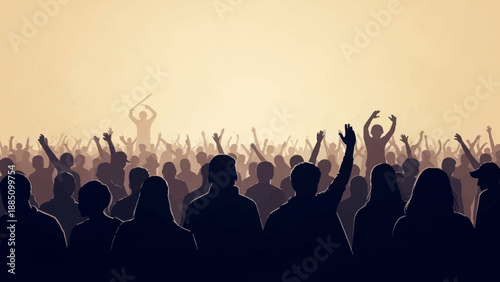 Large Crowd of People Cheering and Raising Hands in Silhouette.