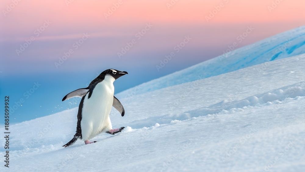 Obraz premium Majestic Gentoo Penguin Walking on a Snowy Slope During Golden Hour in Antarctica