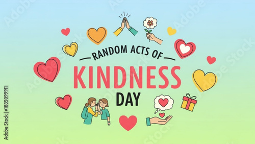 Random Acts of Kindness Day illustration with hearts helping hands and gift icons celebrating compassion and community spirit