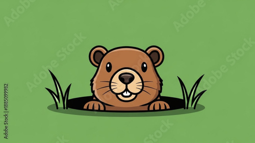 Cute groundhog peeking out of a hole cartoon illustration for Groundhog Day celebration isolated on green background