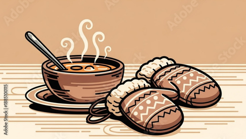 Steaming bowl of soup with cozy winter mittens representing warmth and comfort during cold weather perfect for seasonal themes