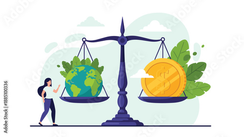 A woman stands beside a large scale, balancing the Earth and a giant gold coin, symbolizing the choice between environmental protection and economy.