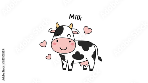 Adorable cartoon drawing of a happy black and white dairy cow surrounded by pink hearts with the word milk, perfect for children's designs.