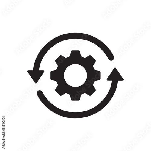 Black single round gear workflow icon, simple cog wheel process circle loop flat design vector pictogram, infographic interface elements for app logo web button ui ux isolated on white background
