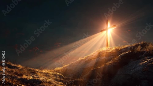 Glowing wooden cross on hill at sunrise with sunbeam glow and golden light breaking horizon sky silhouette over grass, dramatic sunrise rays casting warm glow inspiring hope faith reverence