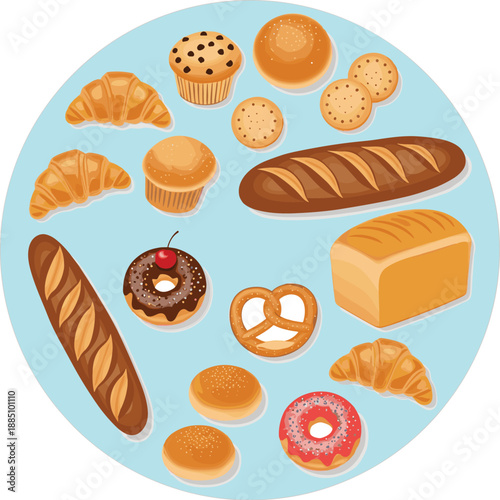 Fresh bakery and pastry vector set featuring croissant baguette chocolate donut muffin pretzel and bread loaf for delicious food design
