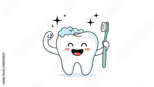 A strong and happy cartoon tooth character flexes its bicep while holding a toothbrush, with toothpaste foam on top and sparkles all around.