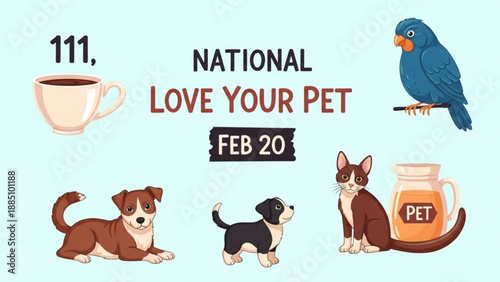 National Love Your Pet Day Feb 20 featuring cute dog cat bird and coffee cup illustrations perfect for social media and pet care promotion