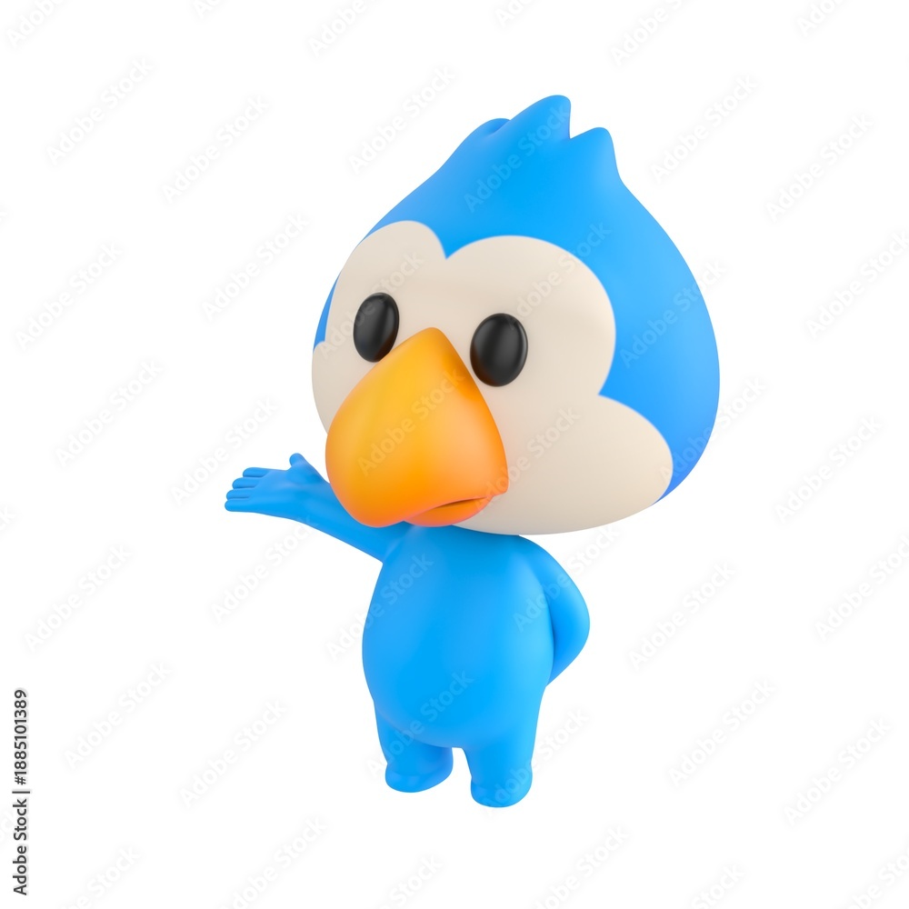 Fototapeta premium Cute 3D render Blue Bird character gesturing to the side as presenting, isolated on white background.