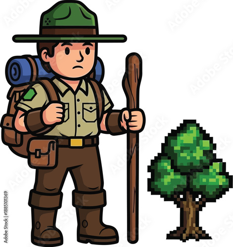 Cartoon style forest ranger or park employee standing ready for hiking adventure holding a wooden walking stick next to a pixelated tree illustration
