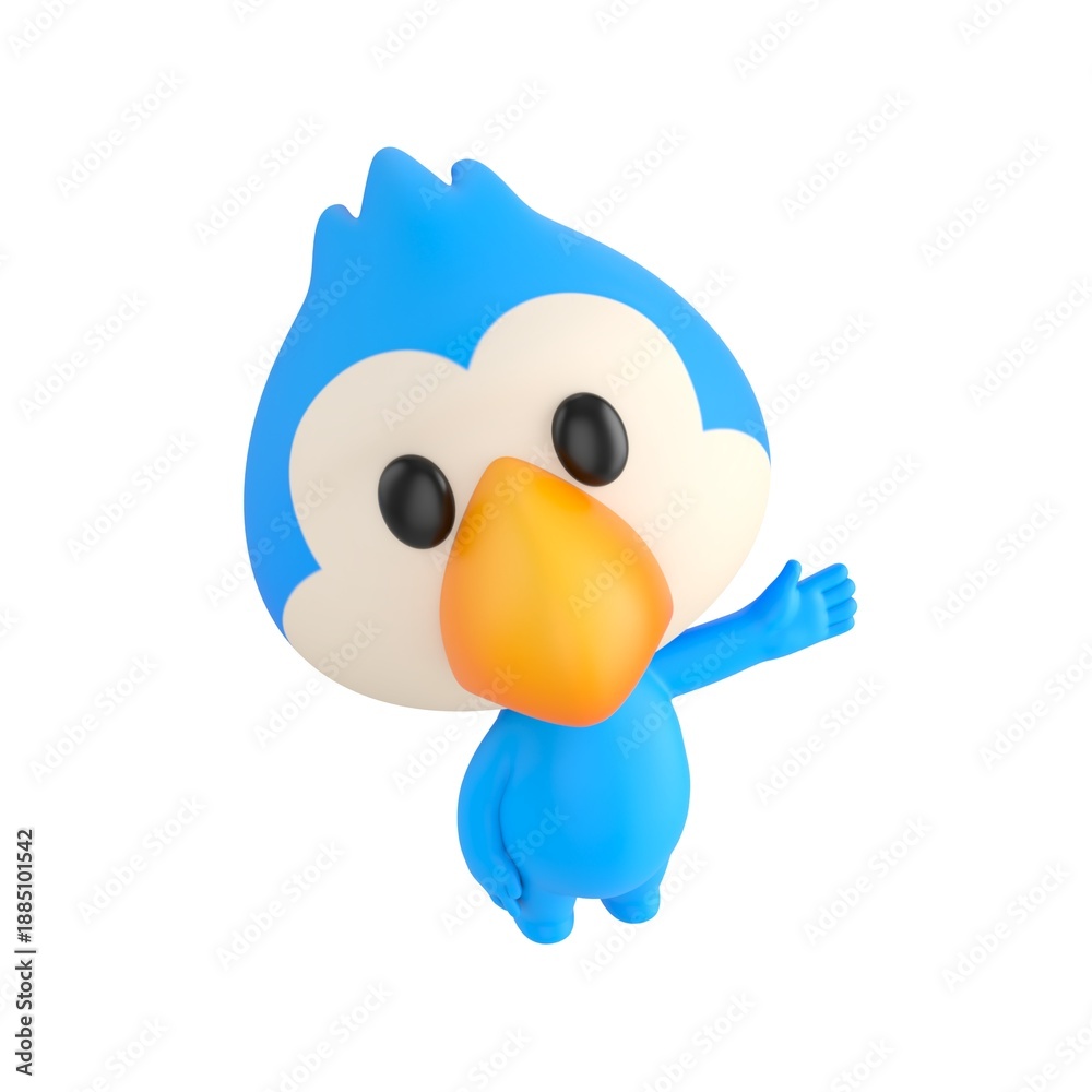 Fototapeta premium Cute 3D render Blue Bird character looking up at the camera while gesturing to the side with one hand, friendly and welcoming pose, isolated on white background.