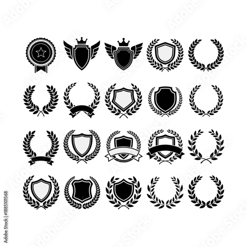A comprehensive set of twenty black and white vector emblems, including shields, crowns, and laurel wreaths, representing awards and quality.