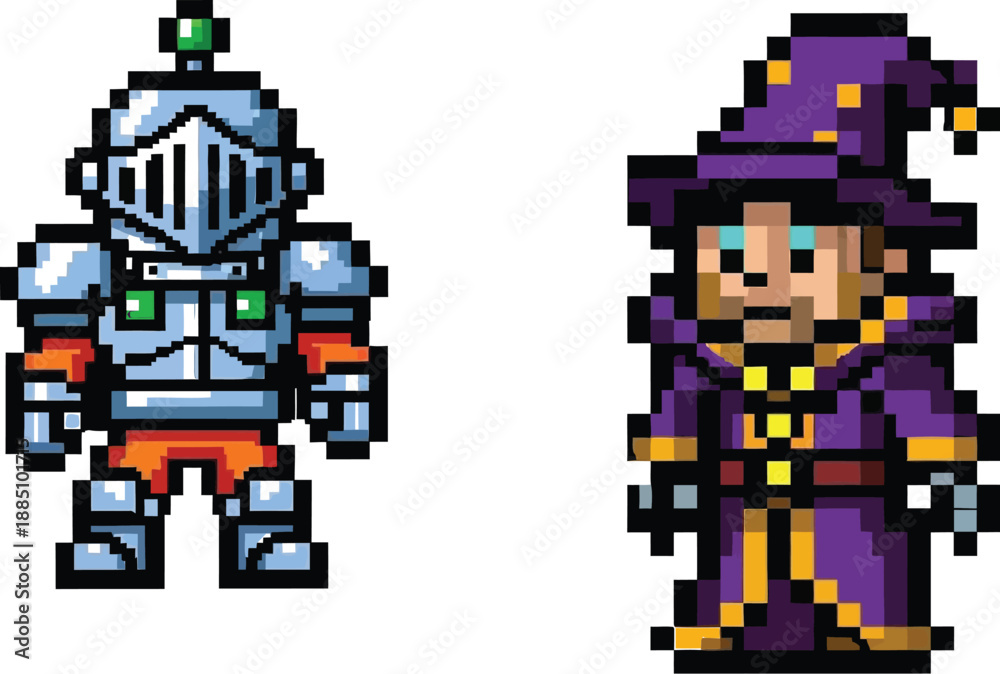 Obraz premium Classic pixel art sprites featuring a fully armored knight character standing beside a mysterious wizard wearing a pointed purple hat.