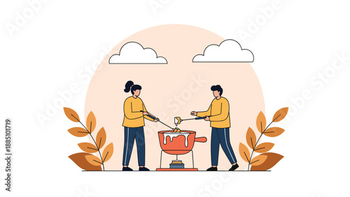 A man and a woman stand together enjoying a pot of cheese fondue, dipping bread with long forks in a cozy and communal dining scene.