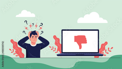 A stressed and confused man clutches his head in front of a laptop showing a large red thumbs-down icon, symbolizing negative feedback or failure.