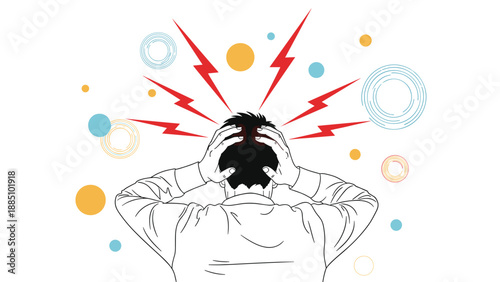 A man seen from behind clutches his head in pain, with red lightning bolts illustrating a severe headache, migraine, or intense stress.