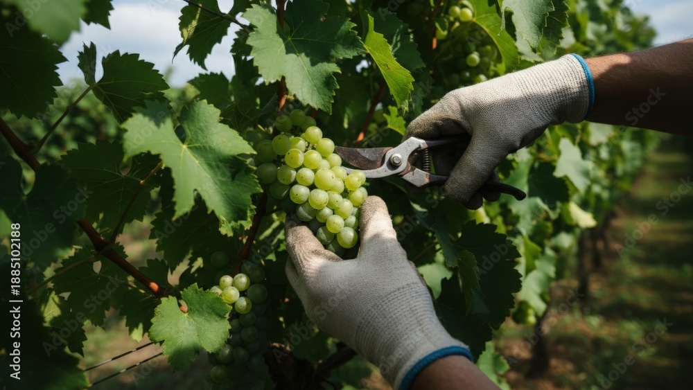 Fototapeta premium Grape Harvesting: A Vintner's Hands Carefully Cutting Ripe, Green Grapes in a Vineyard on a Sunny Day