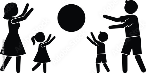 Silhouettes of family playing ball together, showing bonding, teamwork, joy, childhood play, active lifestyle, happiness, outdoor recreation concept