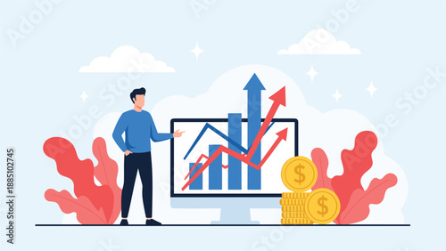 A man stands next to a large computer screen displaying a rising bar chart and arrows, with gold coins nearby, presenting financial growth.