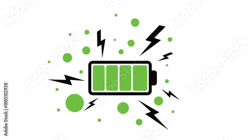 A fully charged green battery icon with four bars, surrounded by lightning bolts and green dots, symbolizing full power, energy, and electricity.