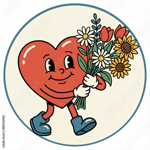 A heart with arms and legs holding a bouquet of flowers illustration