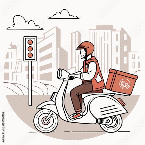 Food delivery courier riding scooter through city with insulated bag on back ready to make quick delivery