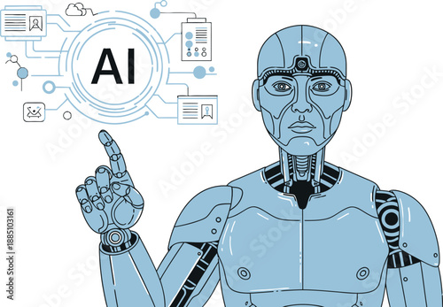 Futuristic blue cyborg robot pointing towards a glowing digital interface displaying artificial intelligence concepts and networked data icons clearly illustrating advanced technology.