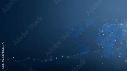 Futuristic blue background with dotted world map, glowing data nodes and network routes, plus a minimal line graph at the bottom, subtle haze, drifting particles and copy space left, for titles