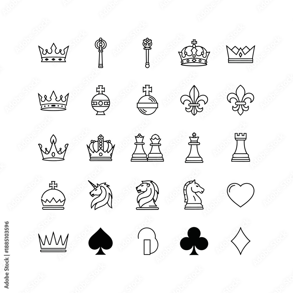 Fototapeta premium A diverse collection of minimalist line art icons featuring crowns, chess pieces, mythical creatures, and playing card suits.