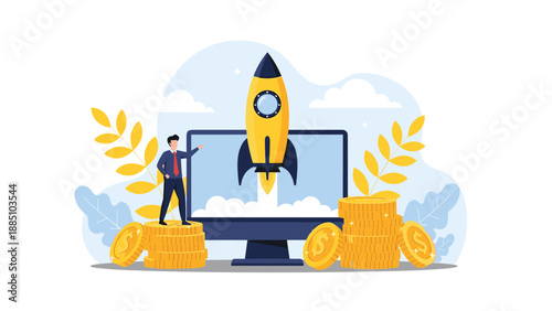 A businessman stands on stacks of gold coins, launching a rocket from a computer screen, symbolizing a successful business startup and financial growth.