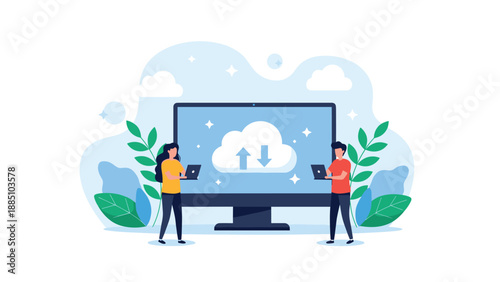 A man and a woman use laptops to upload and download files from a large cloud storage icon on a computer screen, illustrating cloud computing.