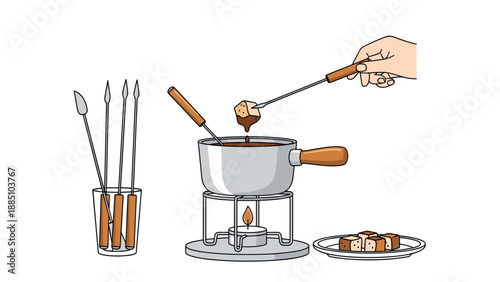 A complete chocolate fondue set illustration, showing a pot of melted chocolate over a candle, forks, and pieces of cake for dipping.
