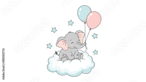 A sweet baby elephant sits on a fluffy cloud, holding two balloons and smiling, surrounded by stars in a perfect nursery illustration.