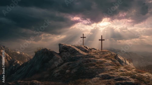 Rugged hilltop rock with three wooden crosses dramatic storm clouds and cloudy sky as sunbeam pierce through, evoking solemn reflection, spiritual atmosphere, reverence and peaceful solitude across