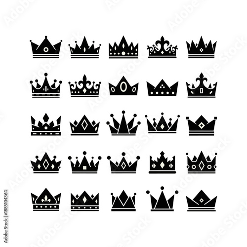 Diverse set of black silhouette crown icons, each with unique royal designs, symbolizing monarchy and achievement.