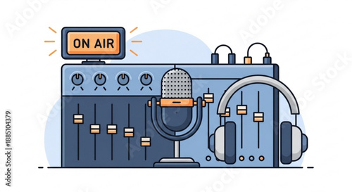 Professional radio broadcasting equipment with on air sign studio microphone headphones and soundboard