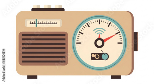 Vintage beige radio with brown grill and blue dial tuning into a nostalgic broadcast on a white background