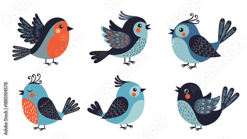 A charming set of six cute, stylized cartoon birds in various poses, designed with folk art-inspired textures and a cool blue and red color palette.