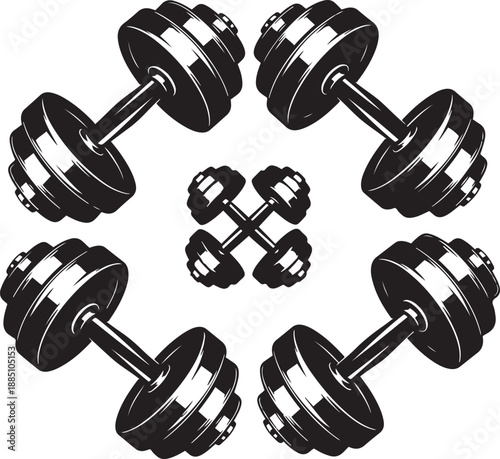 Black and white dumbbells arranged in a circular pattern with one in center weights fitness exercise