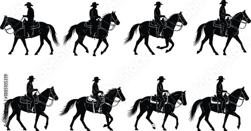 Horse riding silhouette sequence, cowboy on horseback motion cycle, equestrian walk animation, western rider gait study, cad drawing flat vector illustration